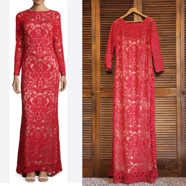 Tadashi Shoji Too Embroidered Lace Overlay Long Sleeve Gown Red Nude Size 20Q 2X