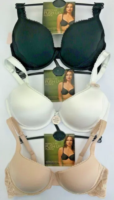 M&S PERFECT FIT Push Up Plunge Memory Foam Bra Nude Black or White