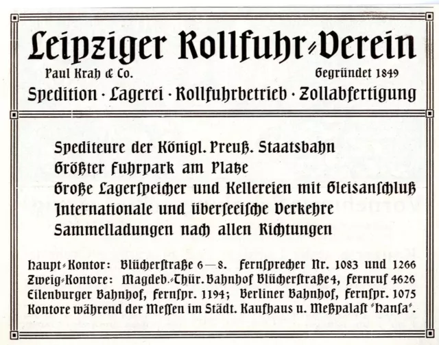 Paul Krah & Co. LEIPZIGER ROLLFUHR- VEREIN SPEDITION Historische Reklame v. 1912