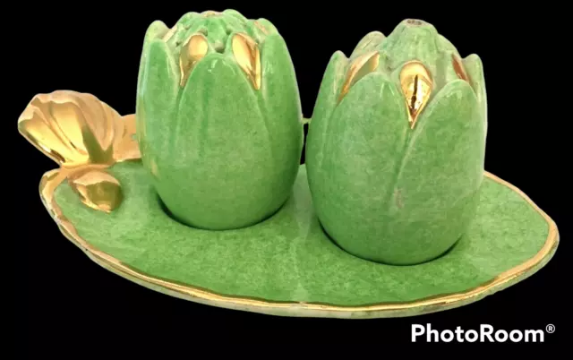 RARE Vintage Royal Winton Green Tulip Salt & Pepper Shaker Set Gold Trim
