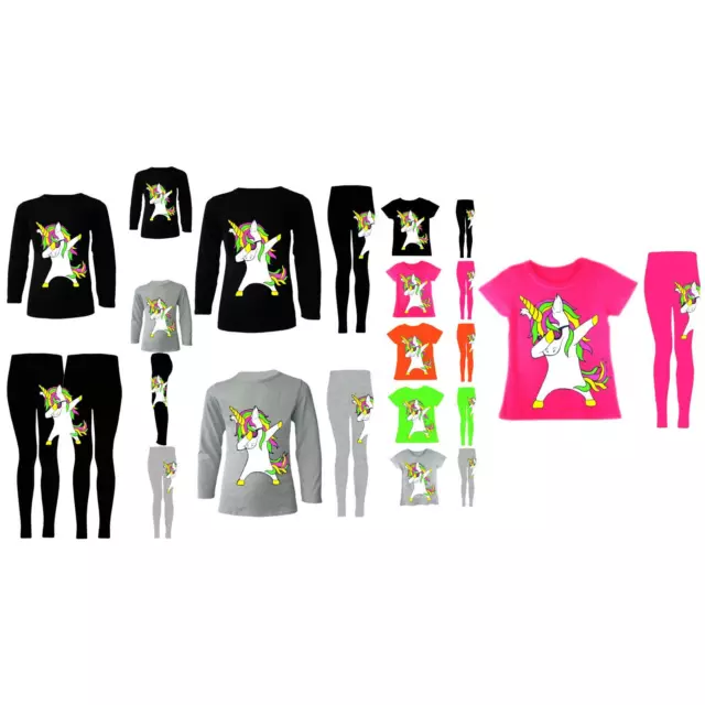 Girls Tracksuit Dab Unicorn Set Top & Leggings Outfit Floss Neon Tee 2-13 Years