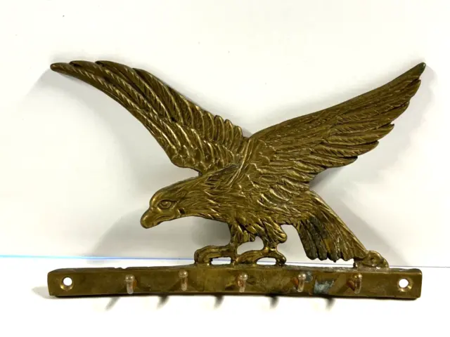 Vintage Solid Brass Eagle Key Holder Wall Mount; 5 Hooks