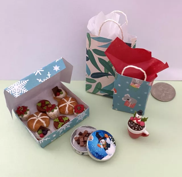 * NEW* DOLLS FOOD: CHRISTMAS BAGS, CAKES in BOX, CANDY SNOWMAN TIN + MUG: BARBIE