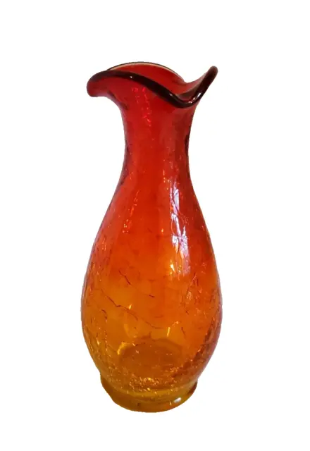 Vintage Amberina Red Yellow Hand Blown Art Crackle Glass Vase 5" Tall.