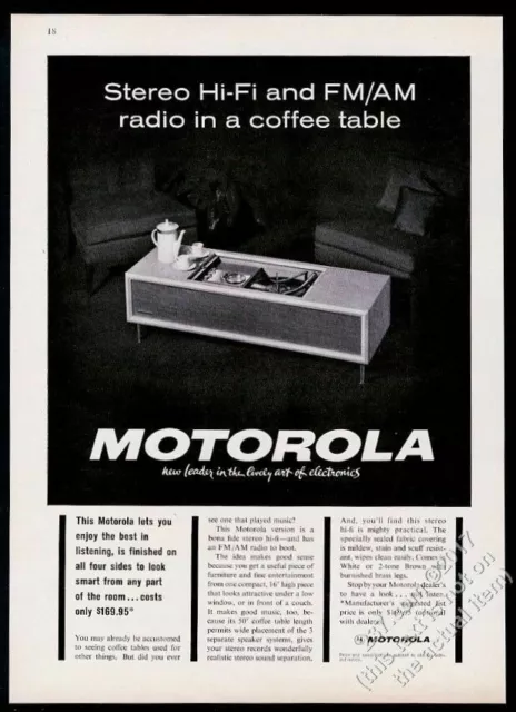 1963 Motorola hi fi stereo in mid-century modern table photo vintage print ad