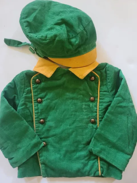 Vtg Little Boys Corduroy Jacket Hat Yellow Green Button Up Front Thomas 1950's