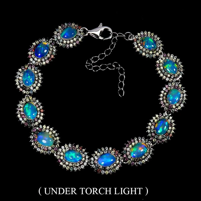 Bracelet Argent 925 Avec Feu Opale Et Saphir - Bijoux Naturels - Neuf Sans Emballage - GemsPorium