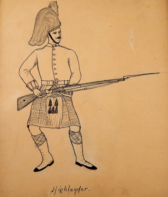 ANTIQUE VICTORIAN INK Sketch Drawing Scottish Highlander Soldier ...
