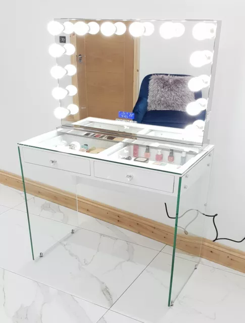 Dressing Table Vanity Station Clear Glass Top Salon Grade  Vanity High-Gloss