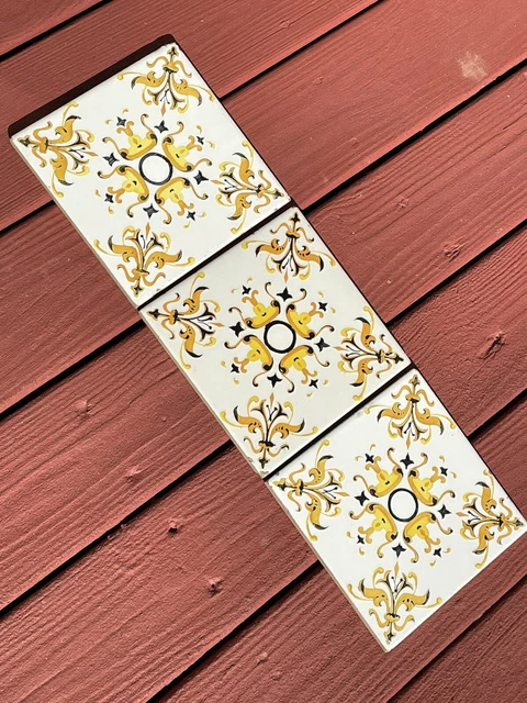 Vintage ONDA Espana Spain Hand Painted White Black Yellow 8" X 8" Ceramic Tiles 4