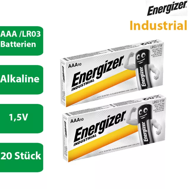 20 x Energizer Industrial AAA Micro Alkaline MN2400 L92 1,5V im Karton