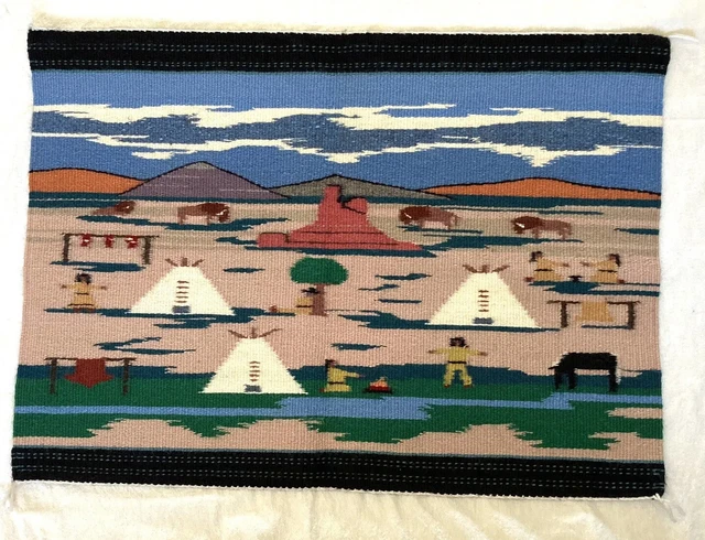 Navajo Rug Textile Native American Pictorial TeePee Village 20”x29” Vintage