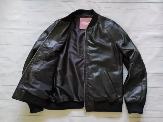 Barneys New York Men's Full Zip Soft 100% Leather Bomber Jacket Black Sz Medium