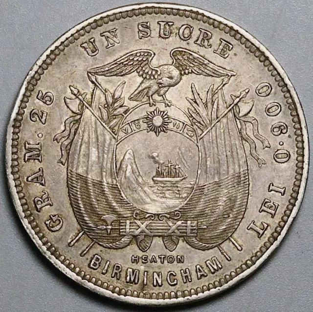 1884 Ecuador Un Sucre AU Heaton Mint Britain 90% Silver Crown Coin (23123105R) 2