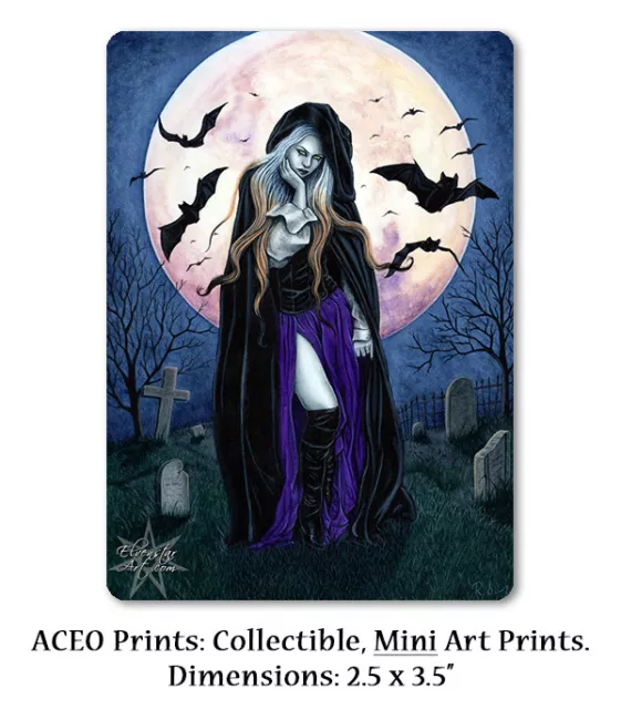 Gothic Fantasy Art ACEO PRINT  HALLOWEEN Witch Bats Harvest Moon night cemetery