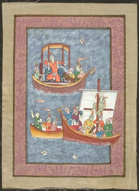 India vintage 20th century Mughal Painting Boats on silk 13cm x 18cm