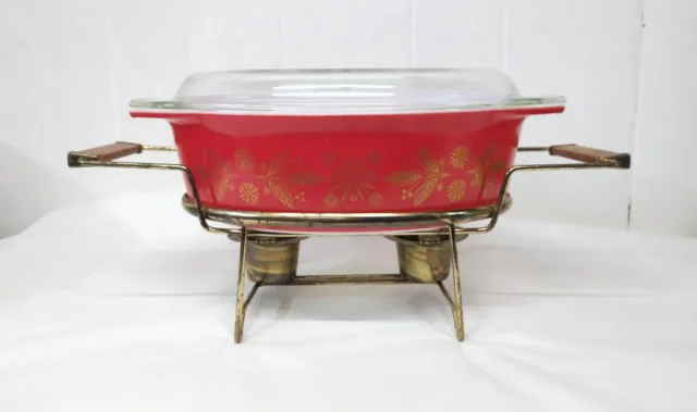 VTG 1961 PYREX XMas Promo Poinsetta Gold Graphic Red Original Lid & Chafing Dish