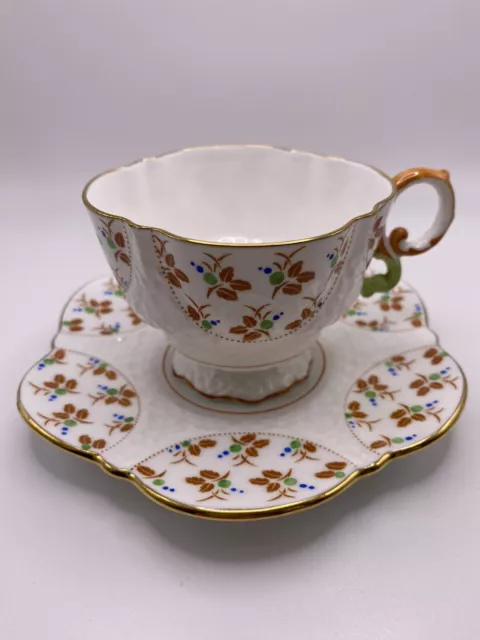 AYNSLEY Embossed Brown & Green Floral Tea Cup & Saucer Gold Trim