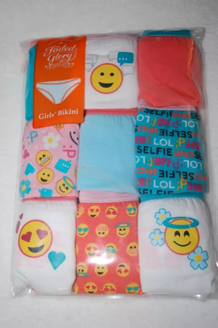 Girls Panties 9 PAIR BIKINI BRIEFS Orange Pink Blue White EMOJI THEME Size 4