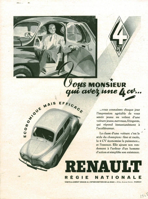 1948 Renault 4 hp Vintage Automobile Car Advertisement from Magazine