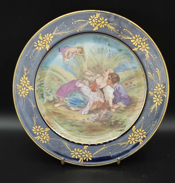 Broche Ancienne - Porcelaine De Limoges & Laiton Doré - Scène Galante - Vintage