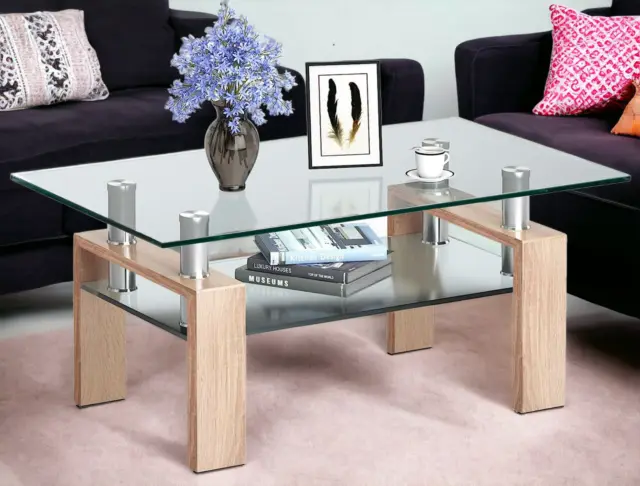 Glass Coffee Table With Storage Rectangle Living Room Wooden Legs Furniture