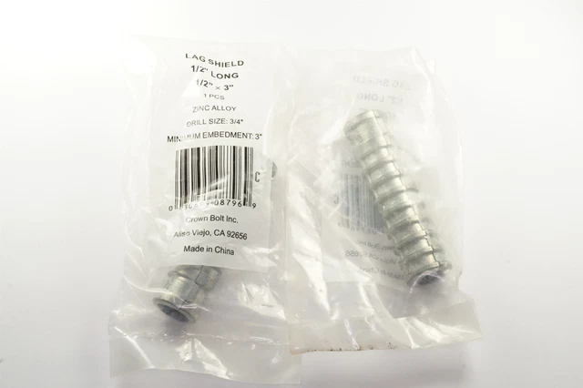 Lot of 2 x 1/2" x 3" Lag Shield Zinc Alloy 3/4" Drill Size 3" Minimum Embedment