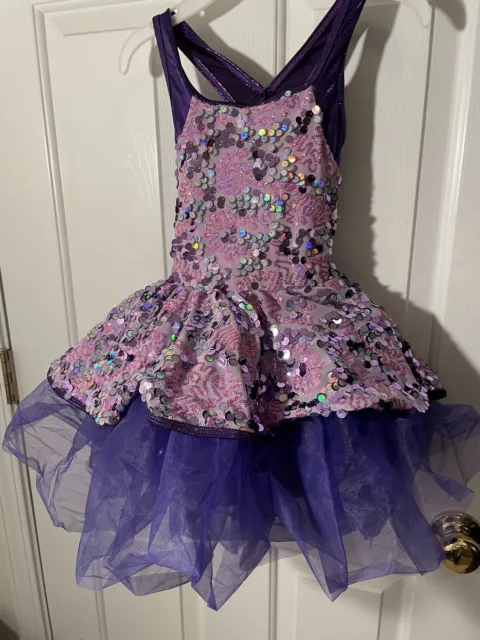 Curtain Call Dance Costume Child Medium Purple Sequins Ruffles Preowned
