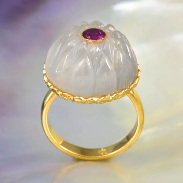 Ring size 6 White Chalcedony Rhodolite Lotus Gold Vermeil Sterling Silver 6.71 g