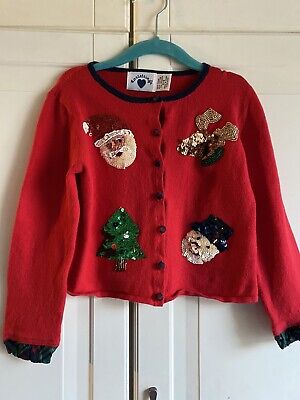 Hartstrings Girl’s Sz 5/6 Red Christmas Cardigan Sweater Santa Tree  Sequins