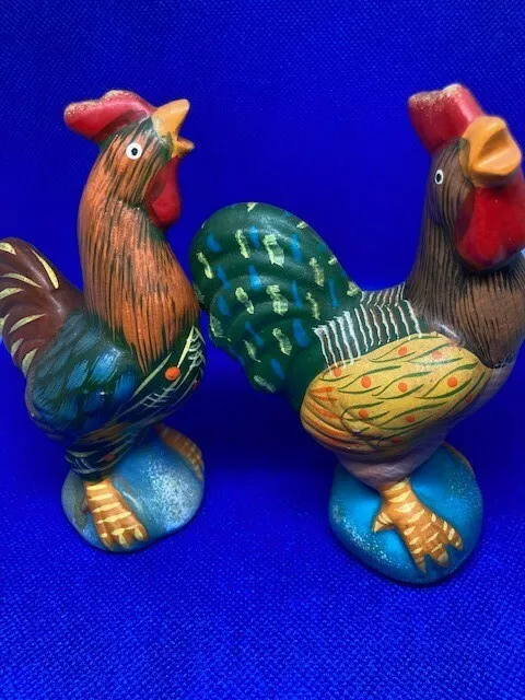 Vintage, colorful Rooster and Hen hand painted ceramic,  5" figurines, no chips