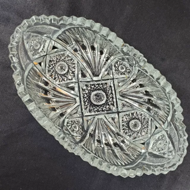 Vintage Deep Cut Glass Oval Bowl with Sawtooth Rim Candy Trinket Dish