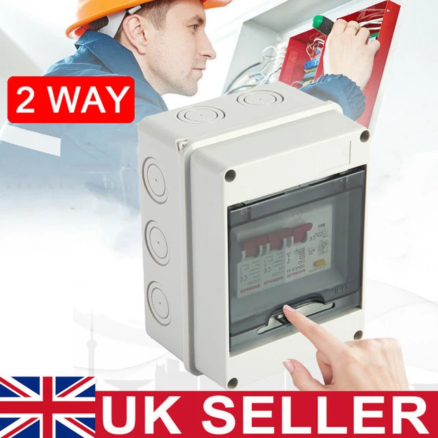 2 WAY CONSUMER Unit Fuse Box Circuit Breakers Isolator Shed 40Amp RCD