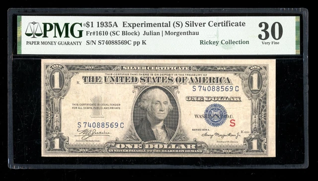 DBR 1935-A $1 Silver Experimental (S) Fr. 1610 PMG 30 Serial S74088569C
