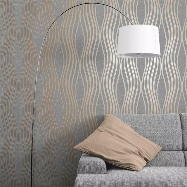 Quartz Metallic Wavy Lines Glitter - Grey/Copper FD42568 - Fine Decor Wallpaper