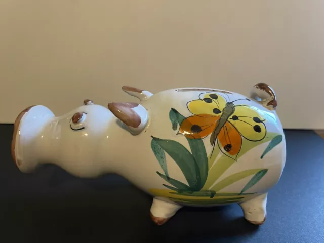 Unique Long Bottle Nose Pig Piggy Bank Italy Pottery Butterfly Hand Painted