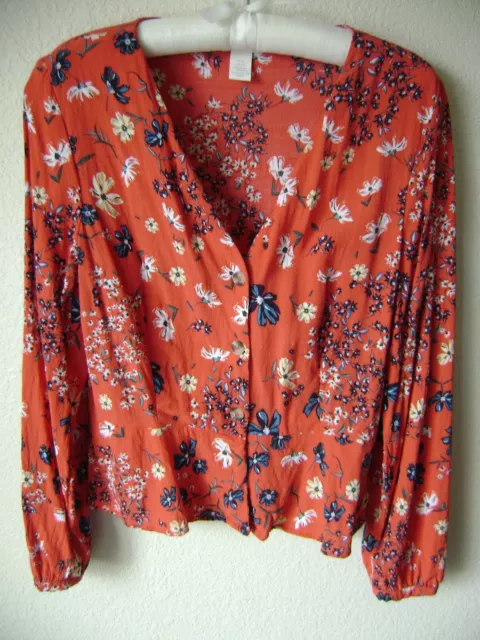 H&M Women's Red Floral Blouse 10 ( M ) V-Neck  Button Up Peplum Top Long Sleeve