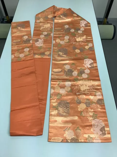 Japanese Vintage Kimono Nagoya Obi pure silk orange flower expensive 135.4x12in