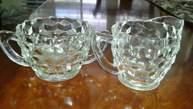 VINTAGE Jeannette clear Glass Cubist/cube Pattern Creamer & Sugar Bowl Set 2