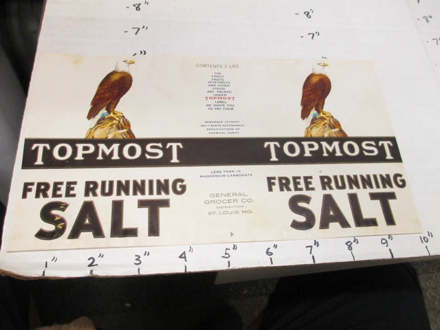 TOPMOST salt 1930s eagle metal tin can food paper label General Grocer 2lbs