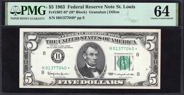 STAR NOTE * 1963 $5 St. Louis Federal Reserve, PMG 64, Fr. # 1967-H*