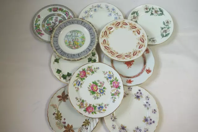 Job lot of 10 Pretty China Mismatched Side Plates – Mixed Colours - Good Cond
