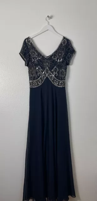 JKARA Womens Navy Beaded Cap Sleeve V Neck Maxi Evening Sheath Dress 14 NEW