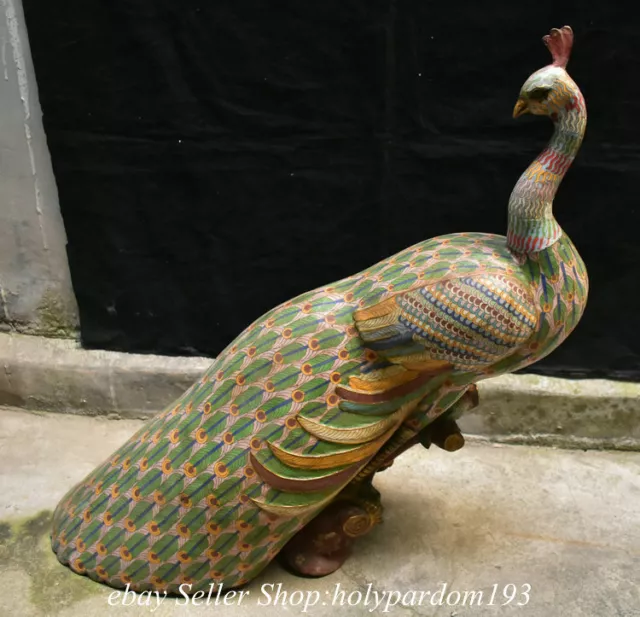 30.8" Old Chinese Copper Enamel Cloisonne Phoenix Peacock Bird Statue Sculpture