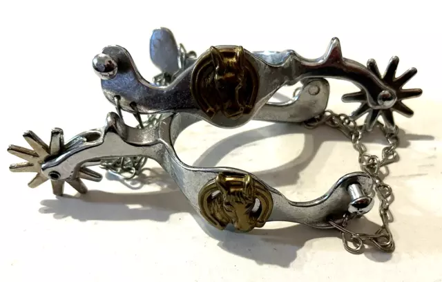 Vintage Western Cowboy Horse Spurs Steel w/ Brass Horse Head Buckaroo Rodeo Boot