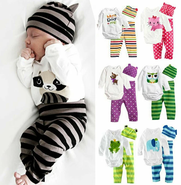 Infant Baby Boys Girls Long Sleeve Romper Tops + Pants + Hat Clothes Outfits Set