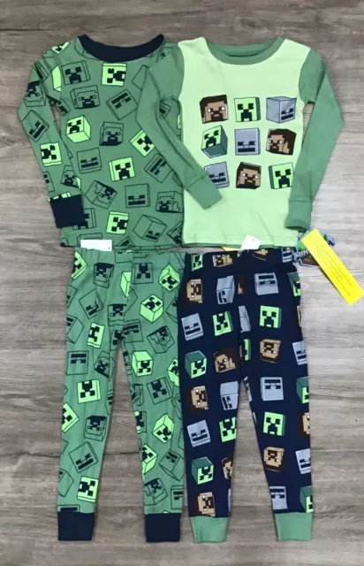 Boys' Minecraft Creeper Long Sleeve 4pc Snug Fit Cotton Pajama Set Green size 4