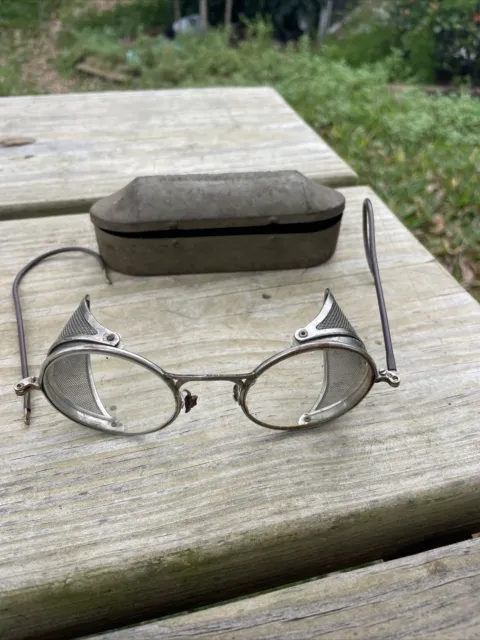 Antique Vintage Welsh Goggles Spectacles Vtg Glasses safety with case