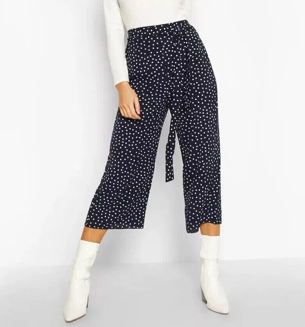 EX OASIS LADIES NAVY WIDE LEG SPOT PRINT CROPPED TROUSERS SIZE 6