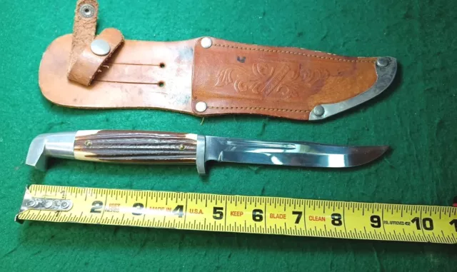 Vtg Queen Steel 5" Fixed Blade, Hunting Knife, W/ Bovine? Stag Scales, Sheath